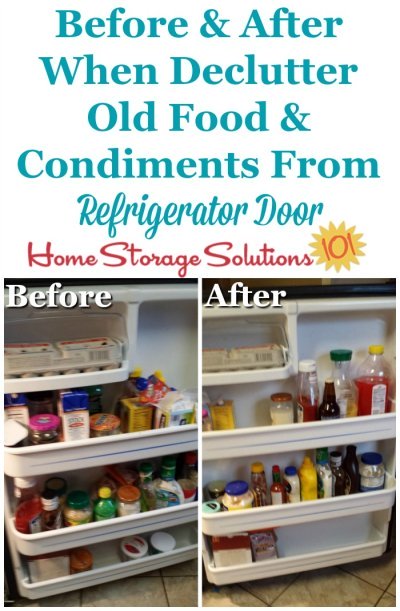 Before and after when you #declutter refrigerator door of old and expired food and condiments {part of the #Declutter365 missions on Home Storage Solutions 101} #Decluttering