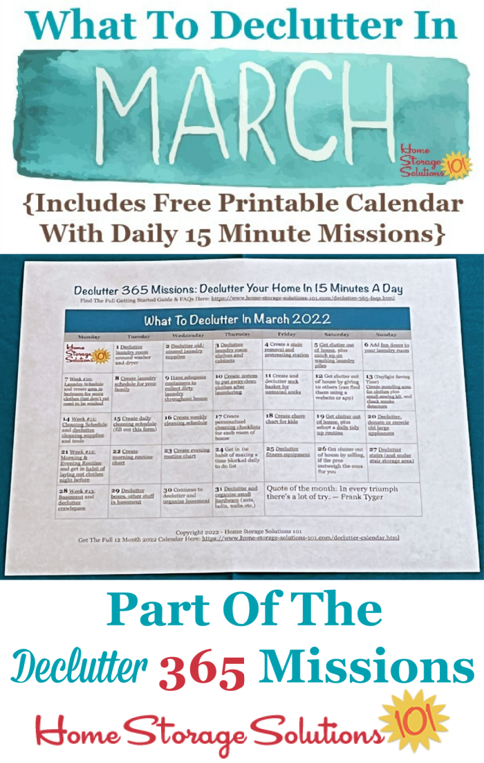 What to declutter in March 2022, including a free printable March decluttering calendar you can follow each day {on Home Storage Solutions 101} #Declutter365 #Decluttering #Declutter
