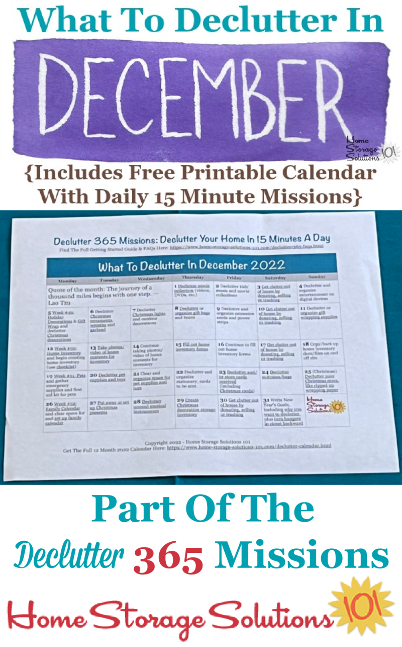 What to declutter in December 2022, including a free printable December decluttering calendar you can follow each day {on Home Storage Solutions 101} #Declutter365 #Decluttering #Declutter