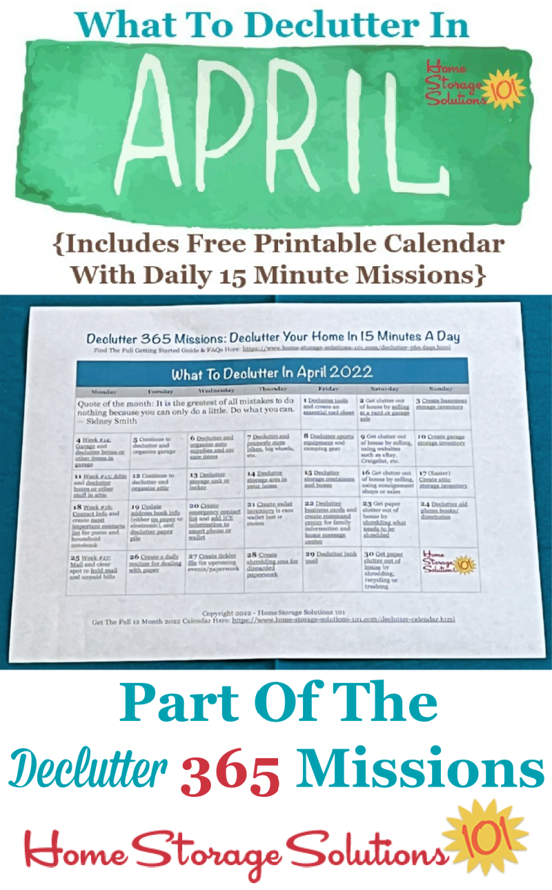 What to declutter in April 2022, including a free printable April decluttering calendar you can follow each day {on Home Storage Solutions 101} #Declutter365 #Decluttering #Declutter