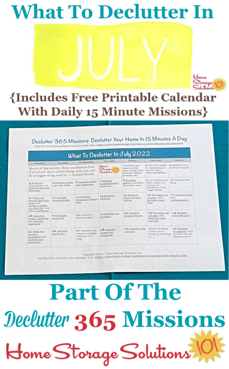What to declutter in July 2022, including a free printable July decluttering calendar you can follow each day {on Home Storage Solutions 101} #Declutter365 #Decluttering #Declutter
