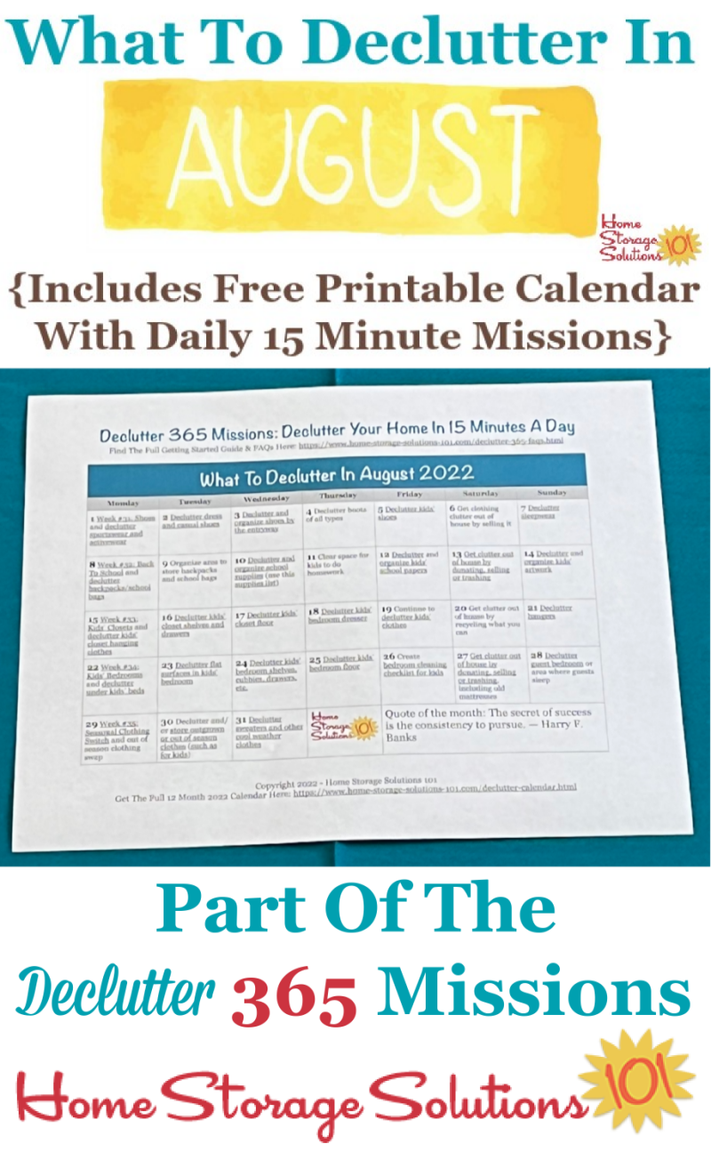 What to declutter in August 2022, including a free printable August decluttering calendar you can follow each day {on Home Storage Solutions 101} #Declutter365 #Decluttering #Declutter