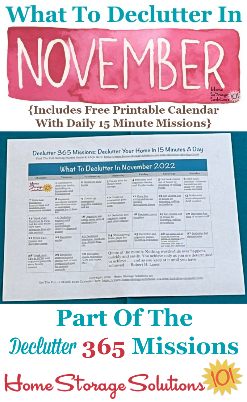 What to declutter in November 2022, including a free printable November decluttering calendar you can follow each day {on Home Storage Solutions 101} #Declutter365 #Decluttering #Declutter