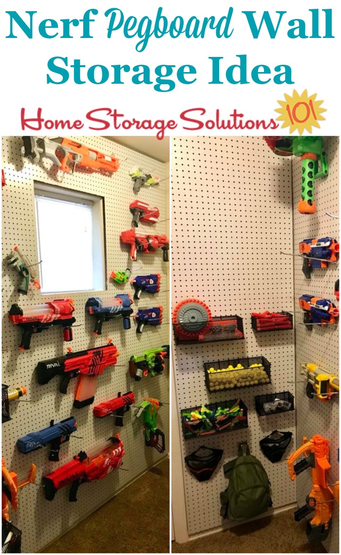 Use a pegboard for Nerf storage, of both the blasters and accessories such as the foam darts {on Home Storage Solutions 101} #ToyStorage #PegBoard #Organization