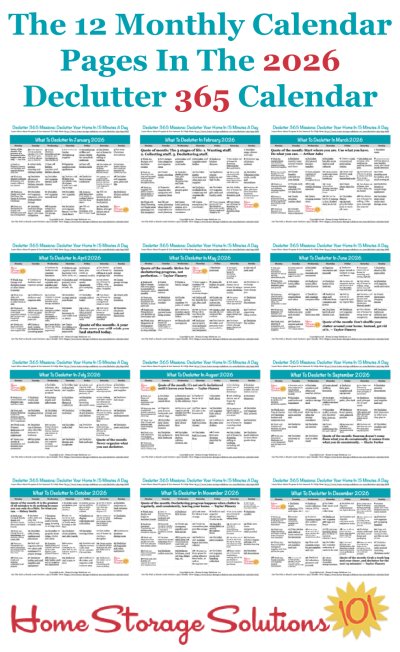 The 12 monthly calendar pages in the 2026 Declutter 365 calendar, from January through December, with daily 15 minute decluttering missions. If you feel overwhelmed this plan will help, because it gives you proven step by step instructions! {Home Storage Solutions 101} #Declutter365 #Declutter #Decluttering