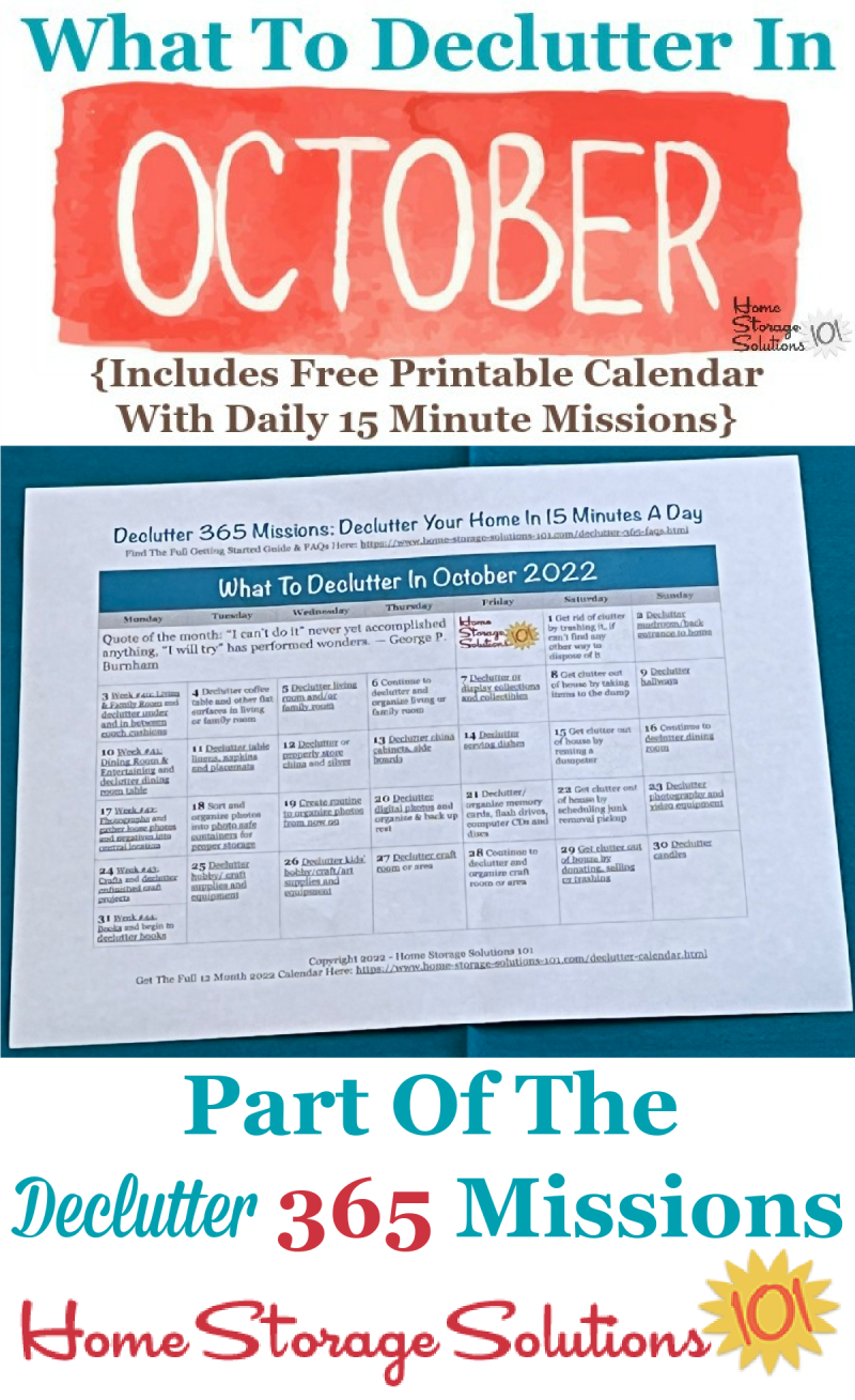 What to declutter in October 2022, including a free printable October decluttering calendar you can follow each day {on Home Storage Solutions 101} #Declutter365 #Decluttering #Declutter