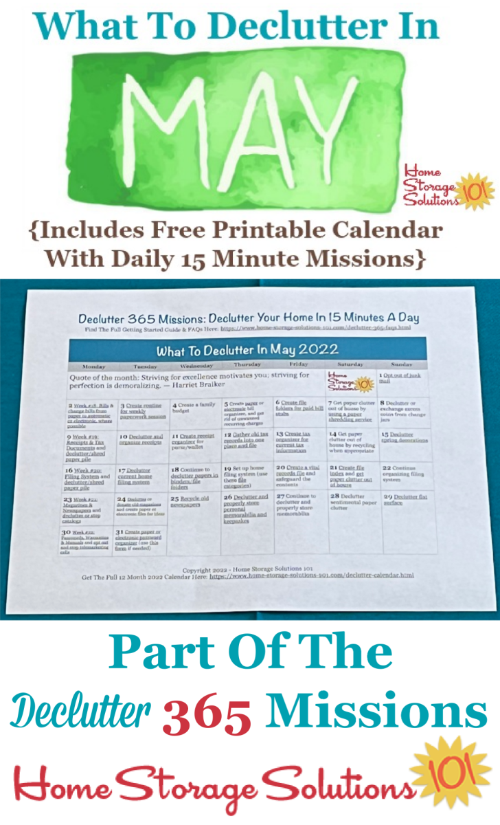 What to declutter in May 2022, including a free printable May decluttering calendar you can follow each day {on Home Storage Solutions 101} #Declutter365 #Decluttering #Declutter