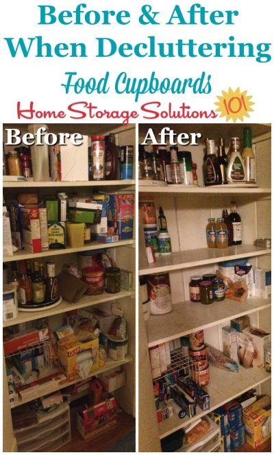 Before and after when #decluttering food storage areas, pantries and food cupboards {on Home Storage Solutions 101} #PantryOrganization #declutter