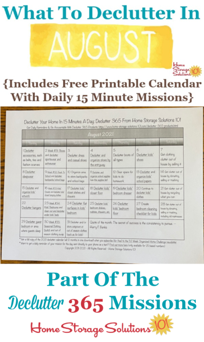 What to declutter in August 2021, including a free printable August decluttering calendar you can follow each day {on Home Storage Solutions 101} #Declutter365 #Decluttering #Declutter