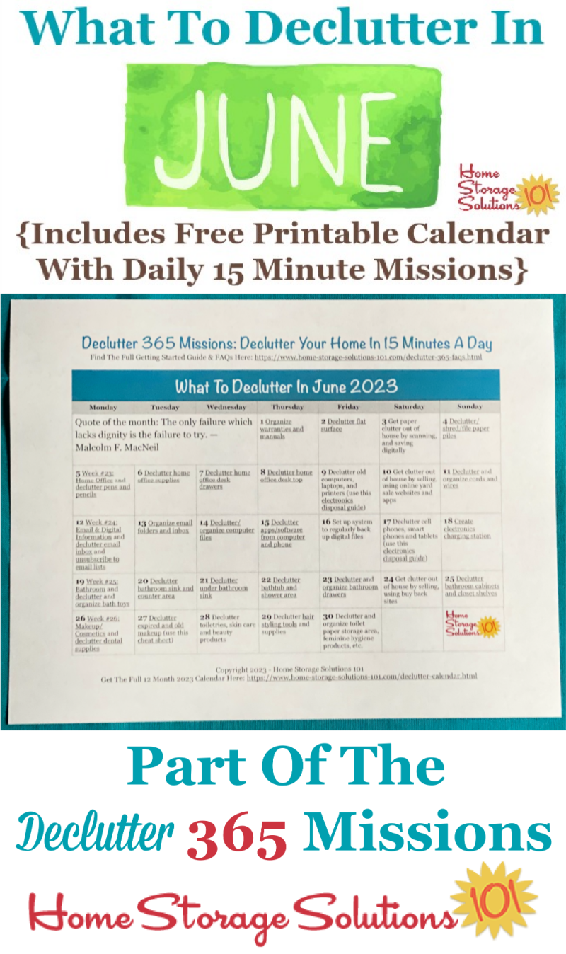 What to declutter in June 2023, including a free printable June decluttering calendar you can follow each day {on Home Storage Solutions 101} #Declutter365 #Decluttering #Declutter