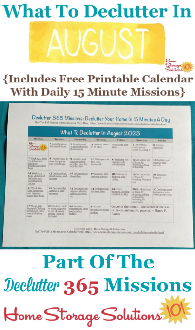 What to declutter in August 2023, including a free printable August decluttering calendar you can follow each day {on Home Storage Solutions 101} #Declutter365 #Decluttering #Declutter