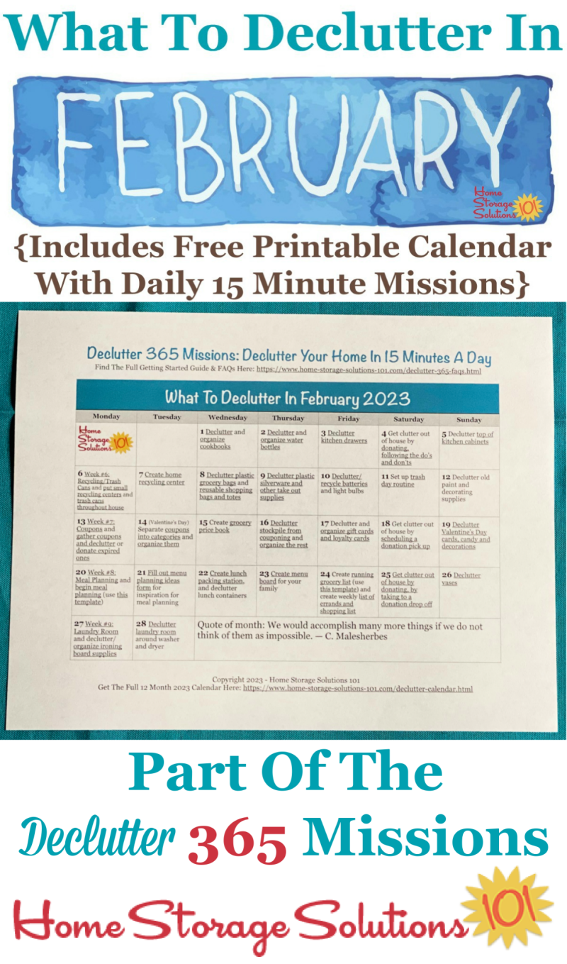 What to declutter in February 2023, including a free printable February decluttering calendar you can follow each day {on Home Storage Solutions 101} #Declutter365 #Decluttering #Declutter
