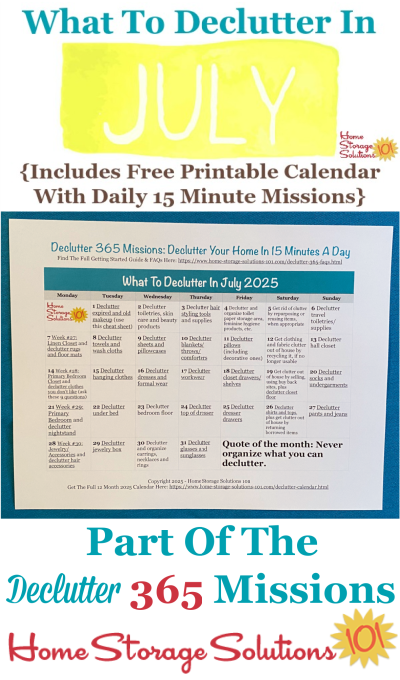 What to declutter in July 2025, including a free printable July decluttering calendar you can follow each day {on Home Storage Solutions 101} #Declutter365 #Decluttering #Declutter