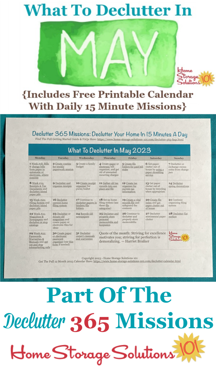 What to declutter in May 2023, including a free printable May decluttering calendar you can follow each day {on Home Storage Solutions 101} #Declutter365 #Decluttering #Declutter