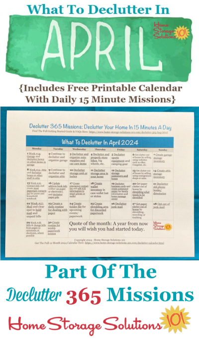 What to declutter in April 2024, including a free printable April decluttering calendar you can follow each day {on Home Storage Solutions 101} #Declutter365 #Decluttering #Declutter