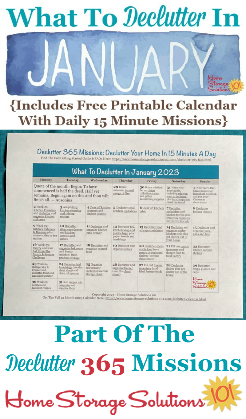 What to declutter in January 2023, including a free printable January decluttering calendar you can follow each day {on Home Storage Solutions 101} #Declutter365 #Decluttering #Declutter