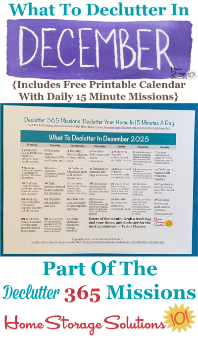 What to declutter in December 2025, including a free printable December decluttering calendar you can follow each day {on Home Storage Solutions 101} #Declutter365 #Decluttering #Declutter