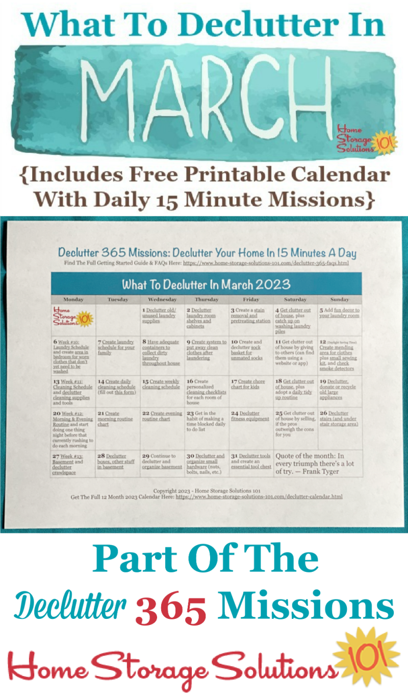 What to declutter in March 2023, including a free printable March decluttering calendar you can follow each day {on Home Storage Solutions 101} #Declutter365 #Decluttering #Declutter