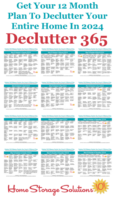 Free 12 month plan to declutter your entire home in 2024, including printable calendar pages from January through December, with daily 15 minute decluttering missions. If you feel overwhelmed this plan will help, because it gives you proven step by step instructions! {courtesy of Home Storage Solutions 101} #Declutter365 #Declutter #Decluttering