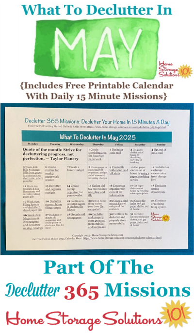 What to declutter in May 2025, including a free printable May decluttering calendar you can follow each day {on Home Storage Solutions 101} #Declutter365 #Decluttering #Declutter
