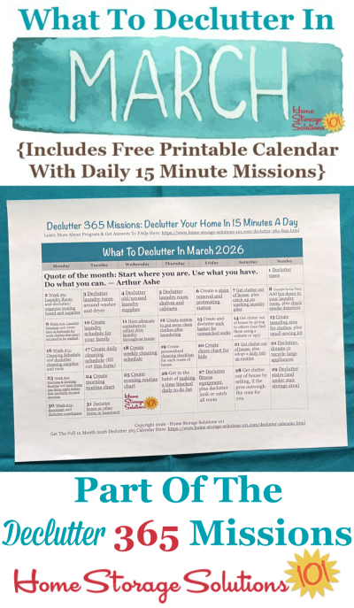 What to declutter in March 2026, including a free printable March decluttering calendar you can follow each day {on Home Storage Solutions 101} #Declutter365 #Decluttering #Declutter