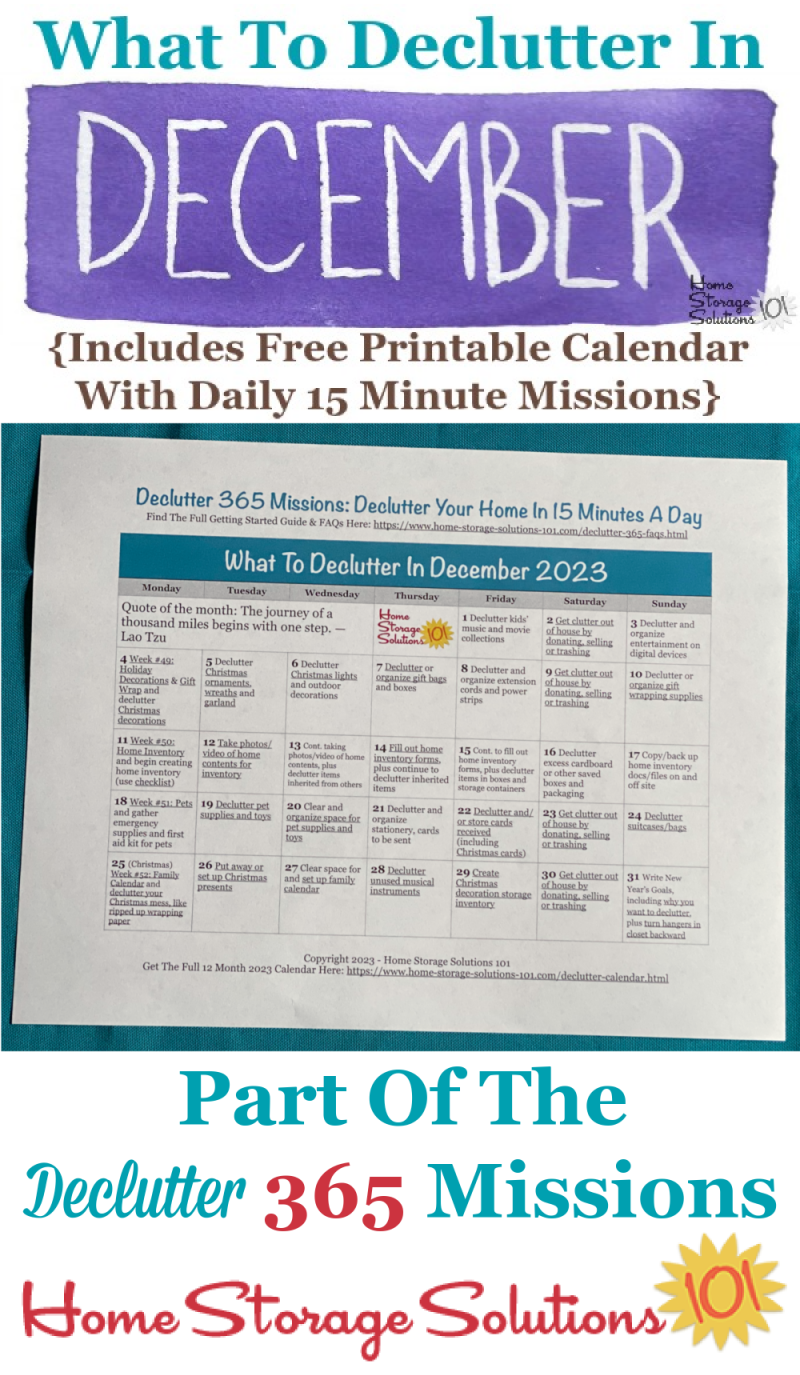 What to declutter in December 2023, including a free printable December decluttering calendar you can follow each day {on Home Storage Solutions 101} #Declutter365 #Decluttering #Declutter