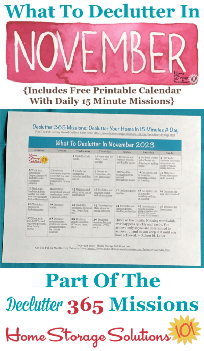 What to declutter in November 2023, including a free printable November decluttering calendar you can follow each day {on Home Storage Solutions 101} #Declutter365 #Decluttering #Declutter