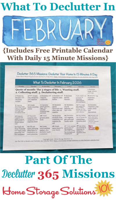 What to declutter in February 2026, including a free printable February decluttering calendar you can follow each day {on Home Storage Solutions 101} #Declutter365 #Decluttering #Declutter