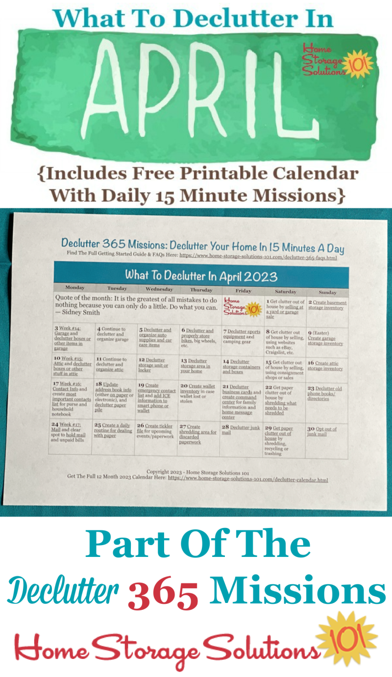 What to declutter in April 2023, including a free printable April decluttering calendar you can follow each day {on Home Storage Solutions 101} #Declutter365 #Decluttering #Declutter
