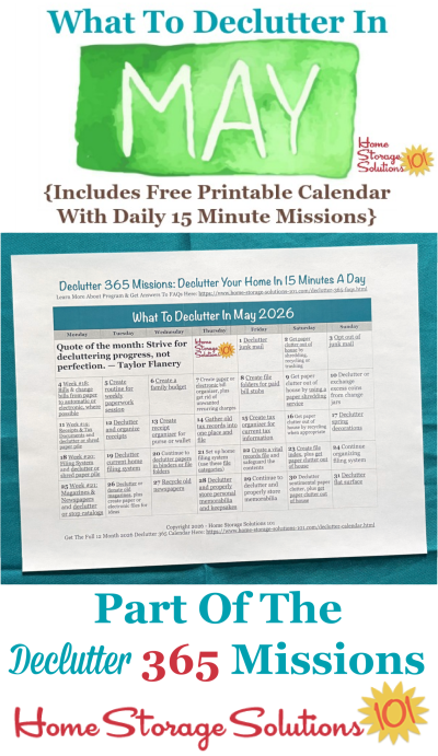 What to declutter in May 2026, including a free printable May decluttering calendar you can follow each day {on Home Storage Solutions 101} #Declutter365 #Decluttering #Declutter