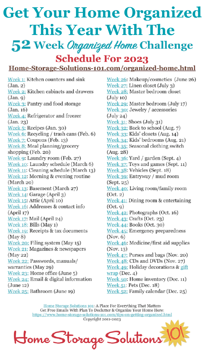 Free printable list of the 52 Weeks To An Organized Home Challenges for 2023. Join over 130,000 others who are getting their homes organized one week at a time! {on Home Storage Solutions 101} #OrganizedHome #Organization #Organized
