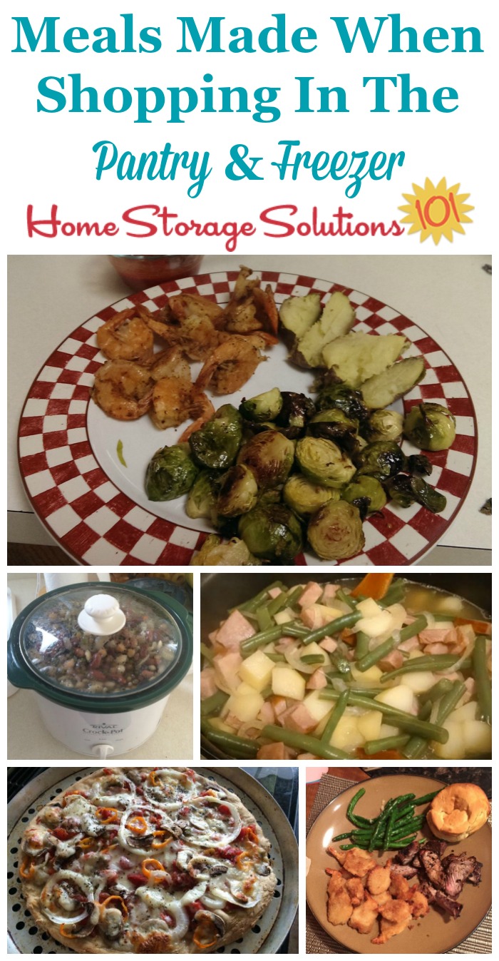 Examples of meals made by participants of the Eat From The Freezer & Pantry Challenge, showing how much variety you can find when you shop your own freezer and pantry for meals {on Home Storage Solutions 101} #PantryOrganization #MealPlanning #MenuPlanning