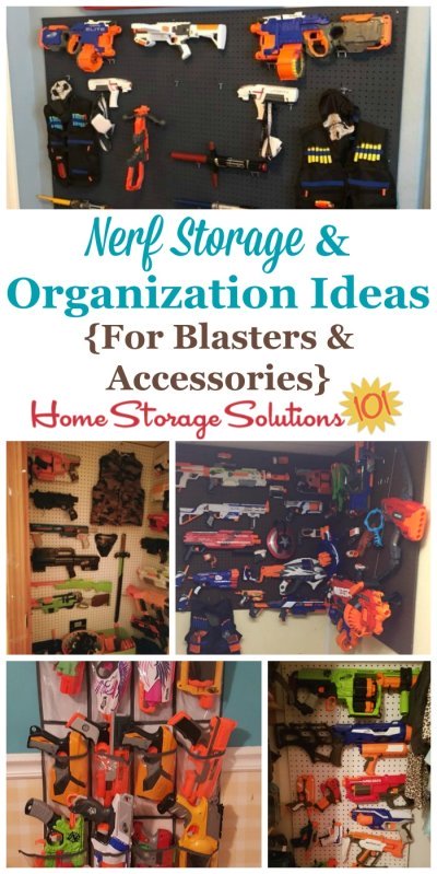 Several ideas for Nerf storage and organization, for both large and small collections of blasters, as well as foam accessories {on Home Storage Solutions} #ToyStorage #StorageIdeas #StorageSolutions