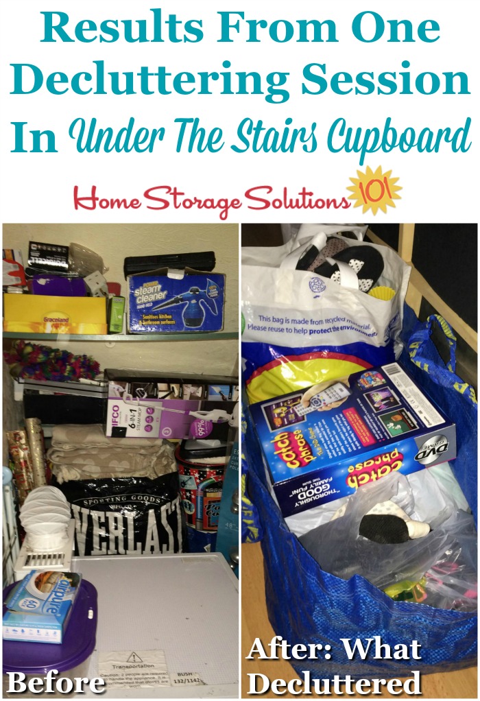 Results from one decluttering session in the under the stairs cupboard {featured on Home Storage Solutions 101}