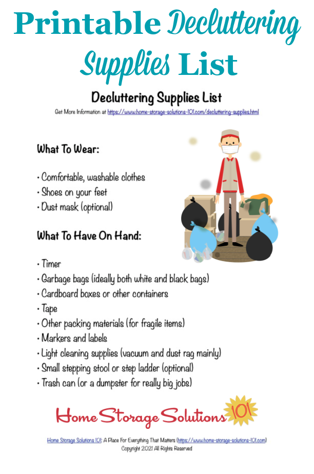 Here is a free printable decluttering supplies list that you can reference when you're doing the Declutter 365 missions to declutter your entire home over the course of one year {courtesy of Home Storage Solutions 101} #DeclutteringSupplies #Declutter365