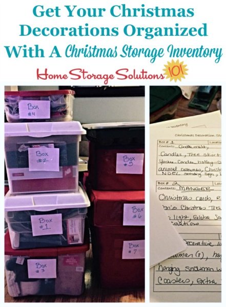 How to get your Christmas decorations organized with a Christmas storage inventory form {includes free printable} {on Home Storage Solutions 101} #ChristmasStorage #ChristmasOrganization #FreePrintable