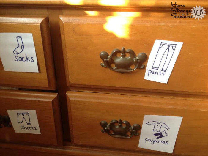 DIY hand-drawn picture dresser drawer labels for pre-schoolers to help organize clothing drawers {featured on Home Storage Solutions 101}