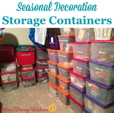 Seasonal decoration storage containers, which are both labeled as well as color coded for each of the main holidays, such as Christmas, Easter, Fourth of July, Halloween, etc. {on Home Storage Solutions 101} #ChristmasStorage #HolidayStorage #HolidayOrganizing