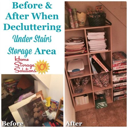 Before and after when decluttering under stairs storage area {featured on Home Storage Solutions 101}