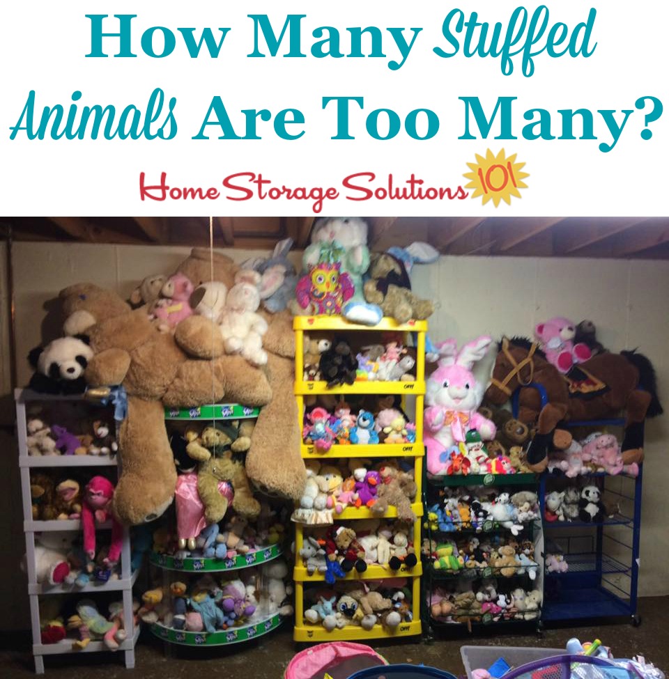 Tips for decluttering stuffed animals, including how to identify how many stuffed animals are too many {on Home Storage Solutions 101}