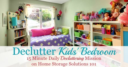 Here are instructions and tips for how to get rid of kids bedroom clutter without getting overwhelmed by the process, and not making a bigger mess, focusing on clothes, toys, games, and whatever else clutter you find in there {several #Declutter365 missions on Home Storage Solutions 101}