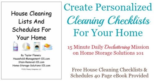 #Declutter365 mission to create personalized cleaning checklists for your home, which includes the free resource of a 40 page house cleaning checklists and schedules eBook {on Home Storage Solutions 101}