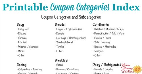 Free printable coupon categories index, which you can use in your coupon binder as table of contents {courtesy of Home Storage Solutions 101}