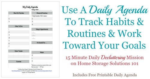 Use this free printable daily agenda to track your to do's, habits and routines, and to work daily toward meeting your goals {one of the #Declutter365 missions on Home Storage Solutions 101} #Habits #HomeRoutines