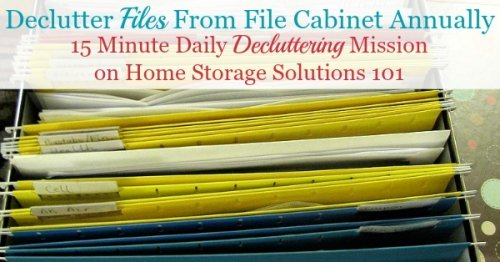 How, and why, to declutter files from your file cabinet annually, including the types of files to get rid of, and how this helps you keep paper organized in your home {a #Declutter365 mission on Home Storage Solutions 101}