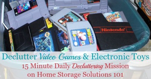 Here is how to declutter video games and electronic toy clutter from your home, so you and the kids can enjoy some of these electronics without being inundated with too much toy clutter {on Home Storage Solutions 101}
