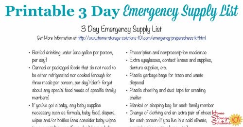 Free printable emergency supply list for three days, to make your emergency preparedness kit for your family {courtesy of Home Storage Solutions 101} #EmergencyPreparedness #EmergencyPrep #EmergencyPreparations