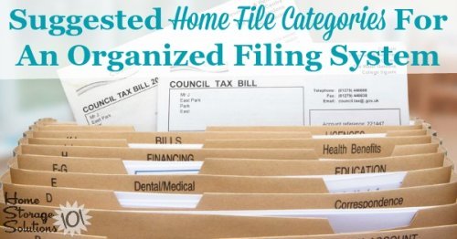 List of suggested home file categories for an organized filing system for your household {on Home Storage Solutions 101}