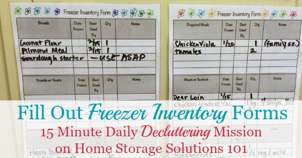 Today's #Declutter365 mission is to fill out freezer inventory forms. This will help you remember what's inside your freezer, to prevent food waste and better plan your meals. Includes a free printable freezer inventory form {courtesy of Home Storage Solutions 101}