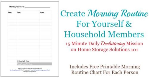 Create a morning routine for yourself and household members, includes free printable morning routine chart {a #Declutter365 mission on Home Storage Solutions 101}